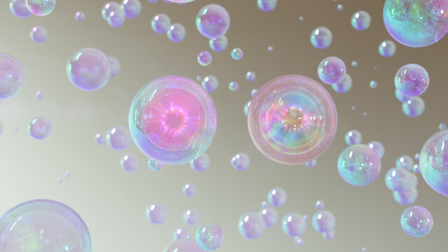 3D rendering Cosmetics Serum bubbles on defocus background. Collagen bubbles Design. Moisturizing Essentials and Serum Concept. Vitamin for personal care and beauty concept. 