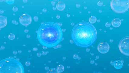 Cosmetic Blue Serum bubbles on a blurred background. Design of collagen bubbles. Essentials of Moisturizing and Serum Idea. Concept of vitamins for skincare. 3D rendering