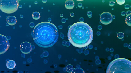 Macro shot of various bubbles in water rising up on Black background. Beauty glossy bubble blobs or drops 3D Rendering 6k. Vitamin for personal care and beauty concept. 