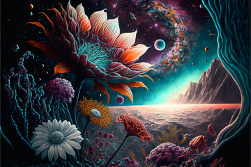 Colorful cosmic fantasy flowers in space. Created with generative AI software. 