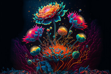 Fototapeta na wymiar Colorful cosmic fantasy flowers in space. Created with generative AI software. 