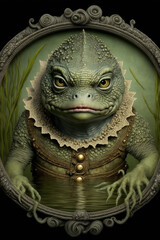 Obraz premium Framed swamp frog like creature with amphibian and fish like features. Green in color with intense eyes and a scary face. Created with generative AI. 