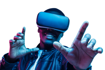 African man wearing virtual reality headset having great fun in metaverse world