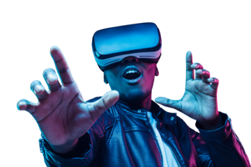Young african american man having virtual reality experience using vr headset