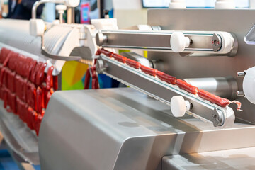 sausage chain during produced by past on conveyor system of automatic machine for manufacturing process in food industry