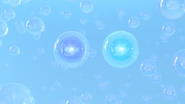 3D rendering Cosmetics Serum bubbles on defocus background. Miracle bubble design for cosmetics. Transparent balls, holographic liquid blobs floating in space, and artistic bubbles.