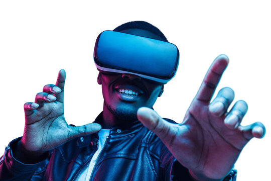Fototapeta African man wearing virtual reality headset having great fun in metaverse world