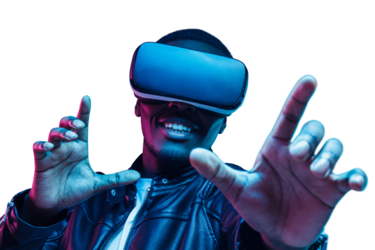 African man wearing virtual reality headset having great fun in metaverse world