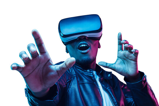 Young african american man having virtual reality experience using vr headset