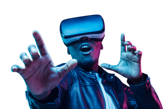 Young african american man having virtual reality experience using vr headset