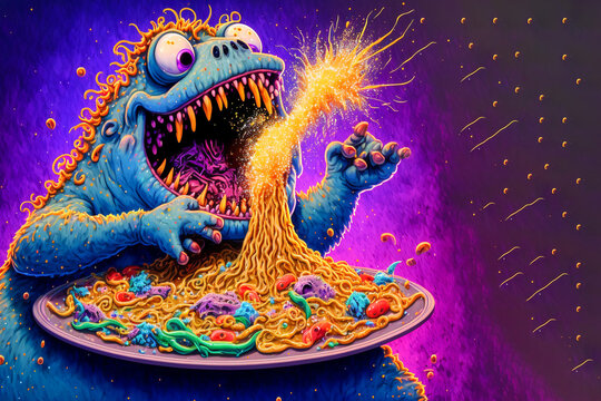 Weird colorful creature with large mouth eating a large plate of spaghetti noodles and making a loud mess. Created with generative AI. 