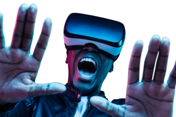 Headshot of shocked african man enjoying virtual reality with mouth wide open