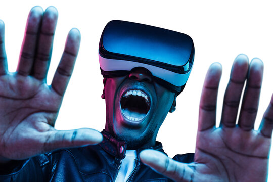Fototapeta Headshot of shocked african man enjoying virtual reality with mouth wide open