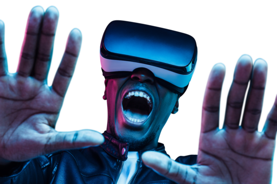 Headshot of shocked african man enjoying virtual reality with mouth wide open
