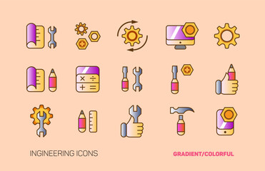 set of 15 flat colorful icons with engineering or mechanic theme (gears, tools, cogs, nuts, bolts) Minimalistic vector icons 
