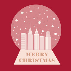 Merry Christmas greeting card on red background.Winter in New York.Snow globe.