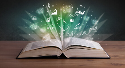 Open book with profit icons above