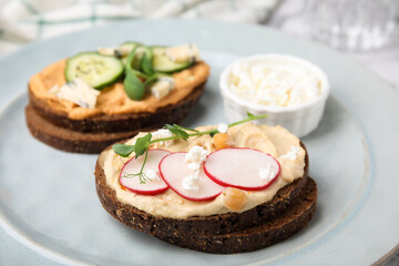 Delicious sandwiches with hummus and different ingredients on plate