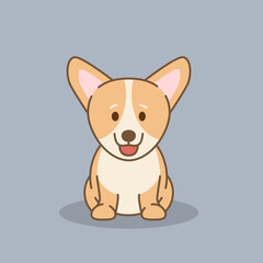 A little dog corgi, logo. Funny cartoon character, logotype, badge, sticker, emblem on blue background isolated. Vector illustration, flat, line art style, creative design