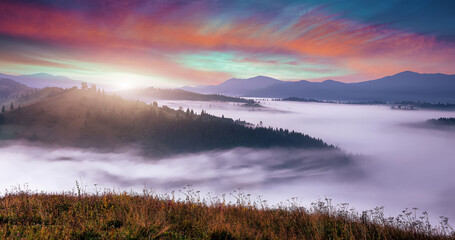 Panoramic view of Scenic misty morning in mountains. Amazing nayure landscape. Mountain valley with morning fog and silhouettes of Mountain ranges. Carpathian mountains. Ukraine. Creative image