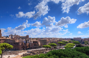Fototapeta na wymiar Cityscape of Rome from Vittoriano: Imperial Forum, Roman Forum and Colosseum.