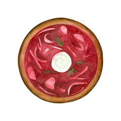 Borsch. A plate with borscht, soup with sour cream and dill in a brown plate. All elements are hand-drawn in watercolor on a white background. For menus, books, printing, textiles.