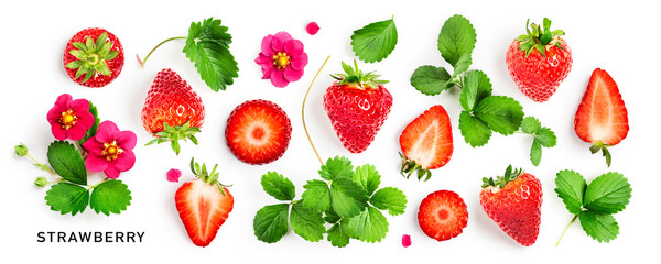 Strawberry fruits, flowers and leaves set on white.
