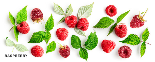 Raspberry fruits and leaves set on white background
