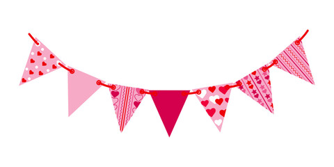 Festive garland with painted flags. Garland with triangular flags with ornaments and stripes on a rope. The concept of various holidays. Vector illustration.