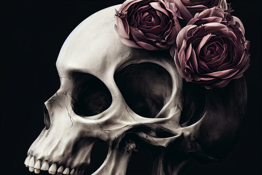 Abstract, surreal, creepy skull with pink roses.Digital art