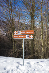 Brown sign with direction indications. Written in Italian: Malga Pian at 0.30 and Malga Mont at 1. Combai, Italy. Vertical image.