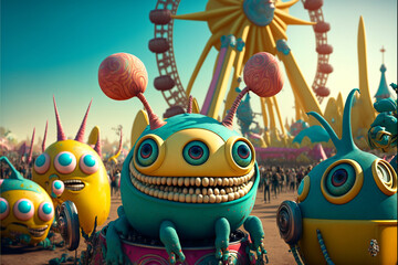 Naklejka premium Group of cute little alien monsters having fun at the amusement park. Colorful funny scenes of monster aliens. Generative AI illustrations