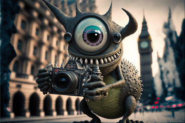 Cute alien monster tourists are on the street in a big city. Holding a vintage photo camera. Blurred people in the background. Generative AI illustrations