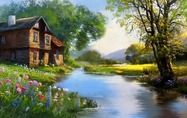 Fototapeta na wymiar Paintings rural landscape, house on the river