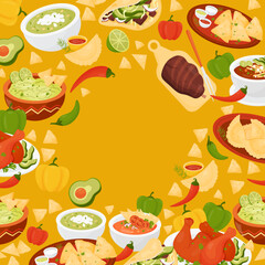 Square poster mexican food. Quesadilla, Tacos, guacamole with nachos, Tomato Soup, Empanadas, Mexican Achiote Chicken, Roasted Pork Leg Grilled on yellow background. Vector illustration