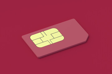 Sim card of magenta on red background. Color of the year 2023. 3d render