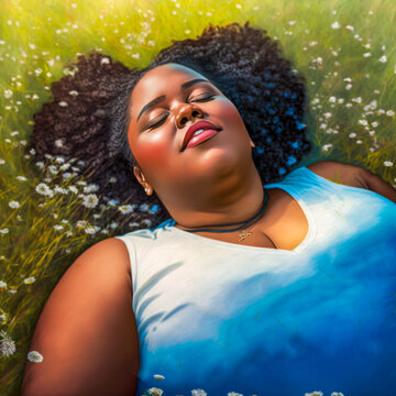 Young, plus sized African American woman with black hair laying in a field of flowers resting with her eyes closed. Created with generative AI software. 