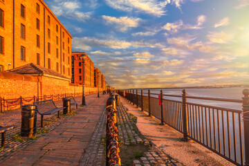 Walkway between the Royal Albert Dock and the Waterfront in Liverpool, United Kingdom during sunset