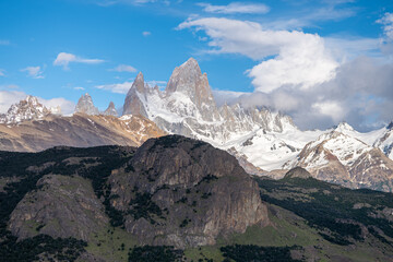 panoramic view of fitz roy peak covered by snow, argentina