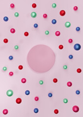 Light, pastel, lavender pink 3D illustration minimal product display Christmas themed with colorful decoration Christmas balls falling top view flat lay photography wallpaper with one podium or stand
