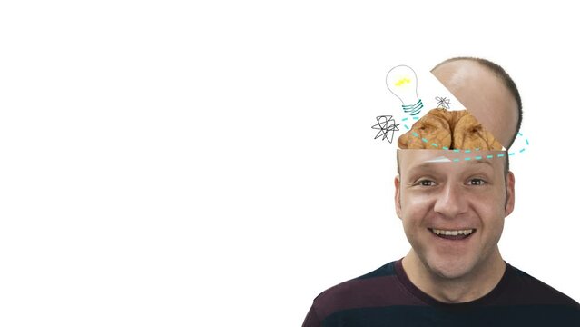 thinking man his head opens and ideas come out, a light bulb on, a walnut as a brain