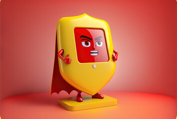 Character mascot red metal shield of protection with a yellow backdrop and a blank trade show lcd screen stand as a template for your design. Generative AI