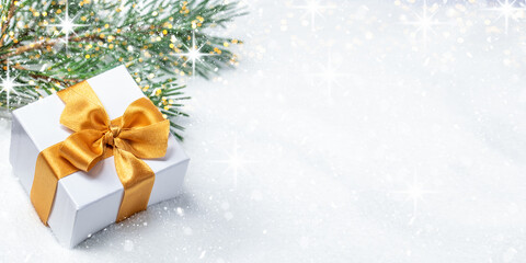 Happy New Year Background. Christmas Decoration White Snow Banner. With Gift box closeup