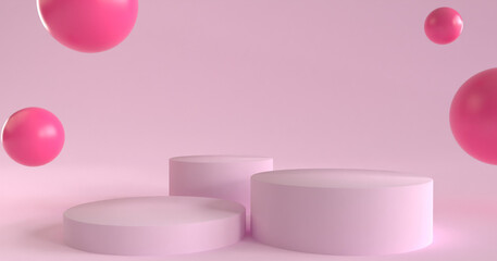 Abstract 3D room with realistic Viva Magenta cylinder pedestal podium and white bouncing balls background.