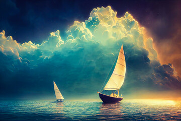 A serene sailing boat drifting across a tranquil, wistful sea. Vibrant colored sky with a glorious symphony of air, water and fantasy. A refreshing getaway that urges to live differently.
