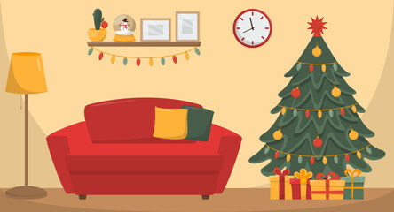 Festive room interior, new year. Christmas tree, gifts, beautiful furniture, decorations.