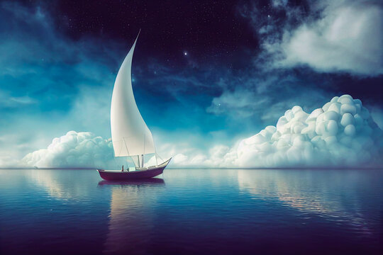 A sailing boat resting on a tranquil ocean, with an almost dreamlike atmosphere and a stunningly colored sky. A blissful harmony of sea, air, and imaginings sets the scene for a peaceful escape.