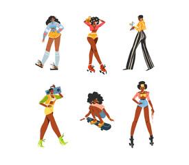 Fototapeta na wymiar Hand drawn vector abstract modern graphic illustrations characters collection set of young happy vintage women roller skaters,on disco party and on skateboard,90s elements. African american concept.