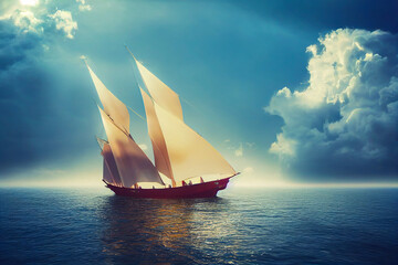 Fototapeta na wymiar A sailboat on a peaceful ocean creating a dreamy, almost magical atmosphere with a stunning sky. Harmonious balance between water and sky inspiring serenity & escape.