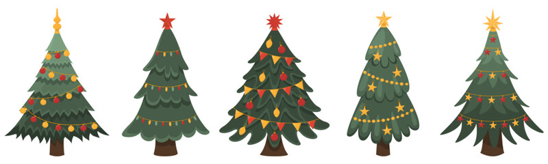 Collection of decorated Christmas trees, New Year and Christmas. Vector illustracion